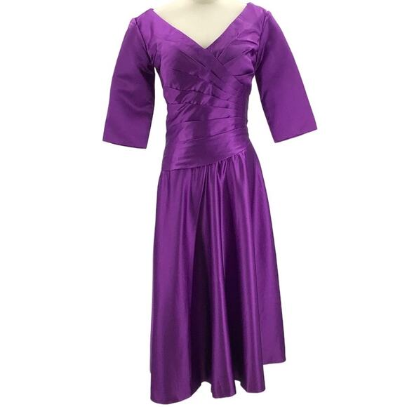 FORMAL 10 M purple pleated half sleeve vneck lace up party midi dress NEW B105 - Picture 1 of 7